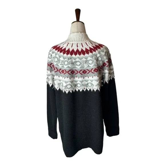 J Jill Sweater Women Medium Petite Black‎ Ivory Fair Isle Nordic Knit Mock Neck - Picture 3 of 12